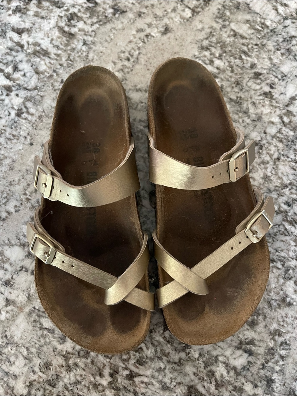 Birkenstock Women's Metallic Gold Crisscross Buckle Sandals, size 38 (US 7.5/8)